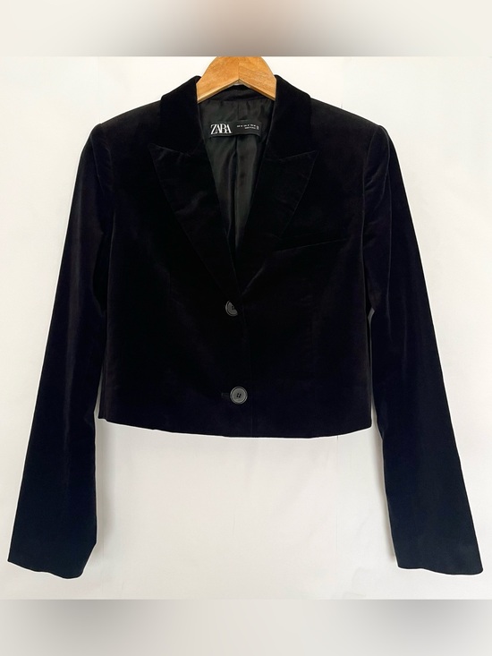Zara Jackets & Blazers - Zara Velvet Cropped Blazer Single Breasted Cotton Fully Lined Size Medium Black